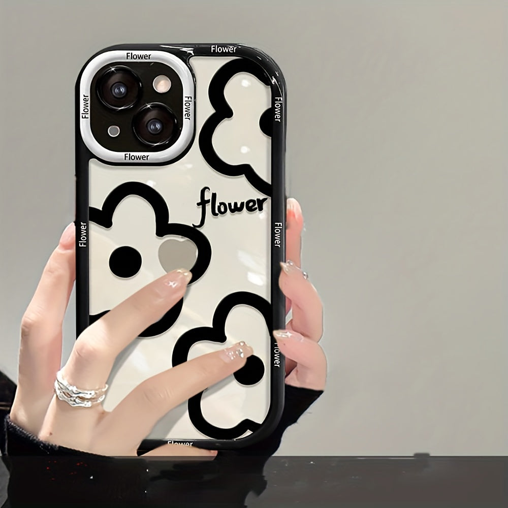Stylish Adorable Cartoon Black Floral Heart Wrist Strap Clear Soft Case for Iphone Models 11, 12, 13, 14, 15, 16 Pro Max And Plus, Offering Shockproof Protection.